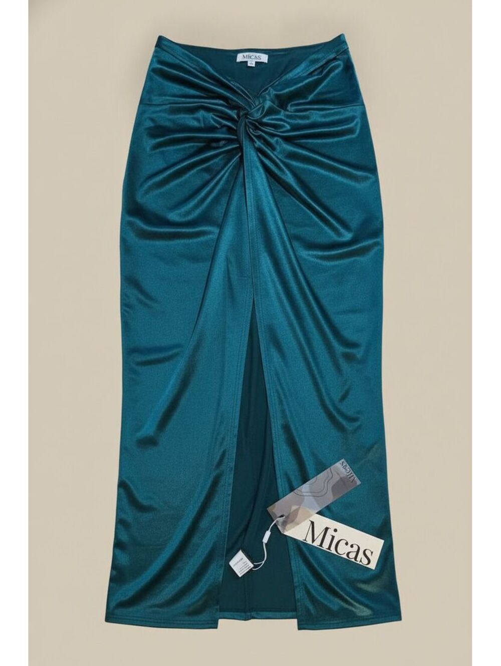 MICAS Teal Satin Ruched Knot Front Slit Maxi Skirt Size L NWT